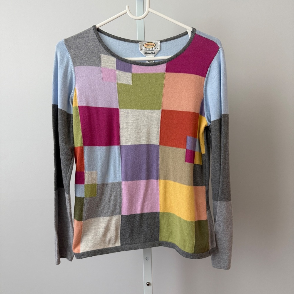Talbots Cotton Quirky Lagenlook Colorblock Patchwork Knit Sweater Petite P Multi